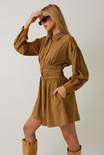 Camel-Brown Stripe Empire Waist Long Sleeve Fit & Flare Mini Dress