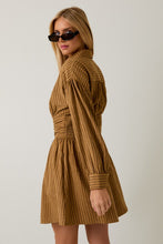 Camel-Brown Stripe Empire Waist Long Sleeve Fit & Flare Mini Dress