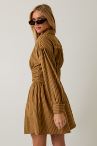 Camel-Brown Stripe Empire Waist Long Sleeve Fit & Flare Mini Dress