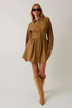 Camel-Brown Stripe Empire Waist Long Sleeve Fit & Flare Mini Dress
