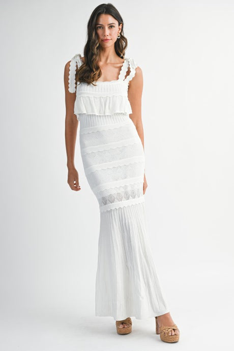 Off White Pointelle Scallop Edge Ruffled Knit Maxi Dress