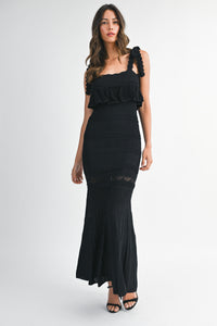 Black Pointelle Scallop Edge Ruffled Knit Maxi Dress