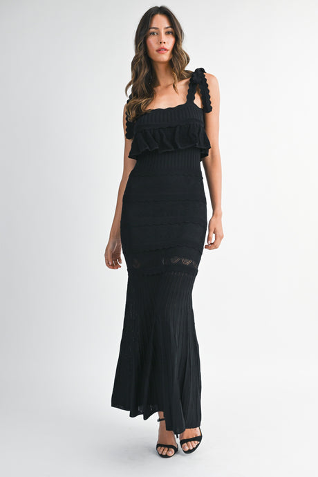 Black Pointelle Scallop Edge Ruffled Knit Maxi Dress