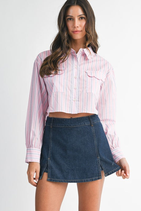 Pink Pin Striped Scallop Detail Button Down Crop Shirt