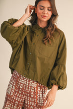 Ash Olive Button Down Bubble Sleeve Top