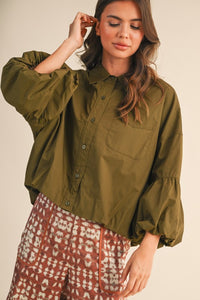 Ash Olive Button Down Bubble Sleeve Top
