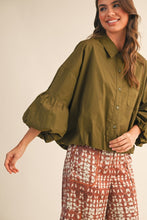 Ash Olive Button Down Bubble Sleeve Top