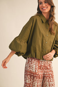 Ash Olive Button Down Bubble Sleeve Top