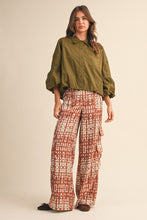 Ash Olive Button Down Bubble Sleeve Top