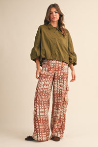 Ash Olive Button Down Bubble Sleeve Top