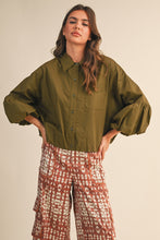 Ash Olive Button Down Bubble Sleeve Top