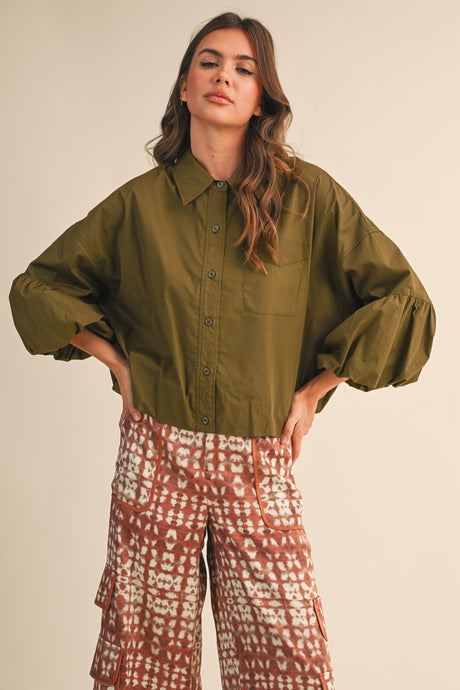 Ash Olive Button Down Bubble Sleeve Top