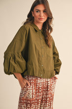 Ash Olive Button Down Bubble Sleeve Top