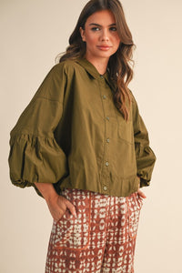 Ash Olive Button Down Bubble Sleeve Top
