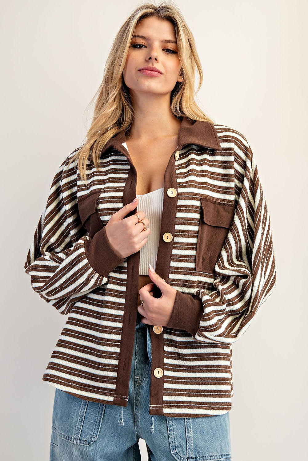 Cocoa Milk Striped Batwing Button Down Knit Shacket