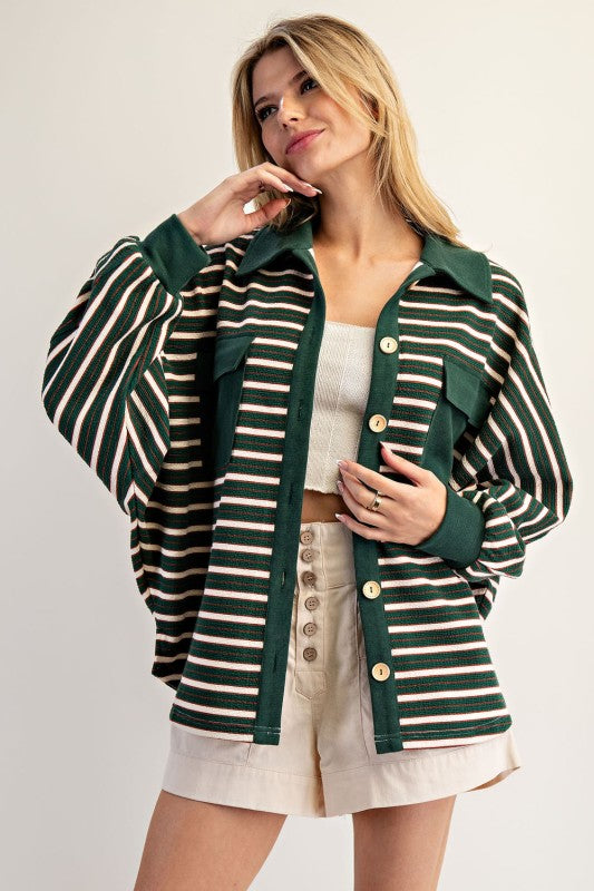 Evergreen Striped Batwing Button Down Knit Shacket