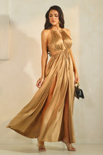 Gold Mocha Sleeveless Front Cutout With Tie Maxi Slit Dress