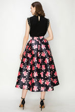 Black Floral Print High Waist Flared Midi Skirt