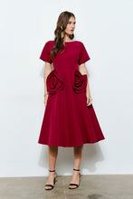 Burgundy Elegant Rose Applique A-line Midi Dress