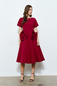 Burgundy Elegant Rose Applique A-line Midi Dress