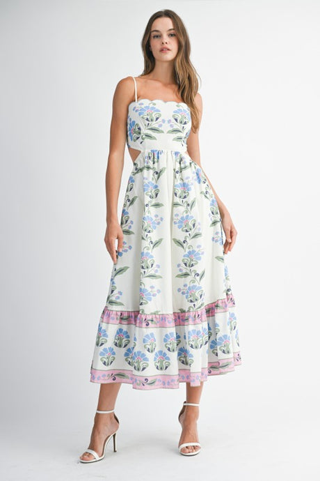 Cream Floral Border Print Cut Out Detail Midi Dress