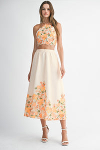Orange Floral Scallop Halter Neck Crop Top And Skirt Set