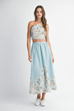 Blue Floral Scallop Halter Neck Crop Top And Skirt Set