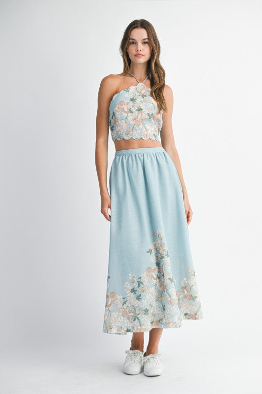 Blue Floral Scallop Halter Neck Crop Top And Skirt Set