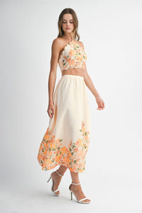 Orange Floral Scallop Halter Neck Crop Top And Skirt Set