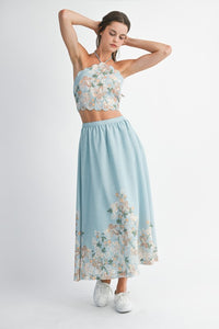 Blue Floral Scallop Halter Neck Crop Top And Skirt Set