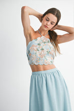Blue Floral Scallop Halter Neck Crop Top And Skirt Set