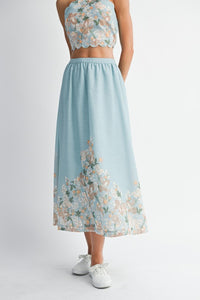 Blue Floral Scallop Halter Neck Crop Top And Skirt Set