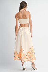 Orange Floral Scallop Halter Neck Crop Top And Skirt Set