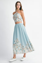 Blue Floral Scallop Halter Neck Crop Top And Skirt Set