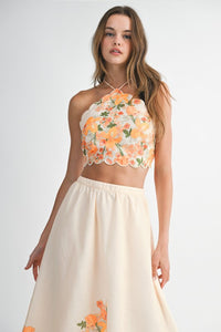 Orange Floral Scallop Halter Neck Crop Top And Skirt Set