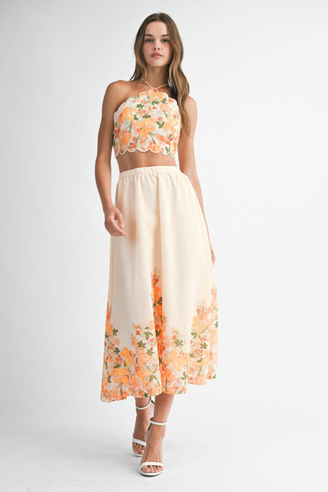 Orange Floral Scallop Halter Neck Crop Top And Skirt Set