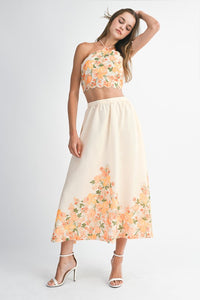 Orange Floral Scallop Halter Neck Crop Top And Skirt Set