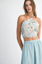 Blue Floral Scallop Halter Neck Crop Top And Skirt Set