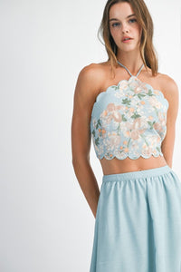 Blue Floral Scallop Halter Neck Crop Top And Skirt Set