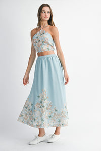 Blue Floral Scallop Halter Neck Crop Top And Skirt Set