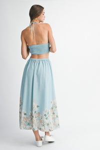Blue Floral Scallop Halter Neck Crop Top And Skirt Set