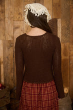 Brown Bell Sleeve Front Button Crochet Knit Cardigan
