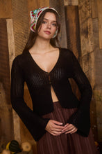 Black Bell Sleeve Front Button Crochet Knit Cardigan