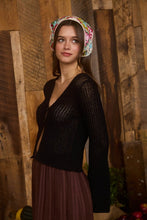 Black Bell Sleeve Front Button Crochet Knit Cardigan
