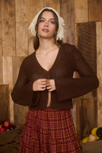 Brown Bell Sleeve Front Button Crochet Knit Cardigan