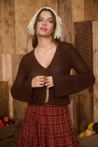 Brown Bell Sleeve Front Button Crochet Knit Cardigan