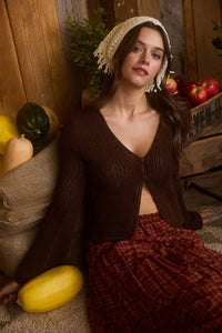 Brown Bell Sleeve Front Button Crochet Knit Cardigan