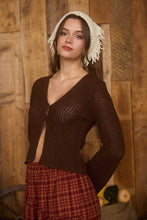 Brown Bell Sleeve Front Button Crochet Knit Cardigan