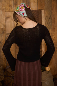 Black Bell Sleeve Front Button Crochet Knit Cardigan