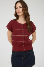 Burgundy Stripe Button Down Short Sleeve Knit Cardigan